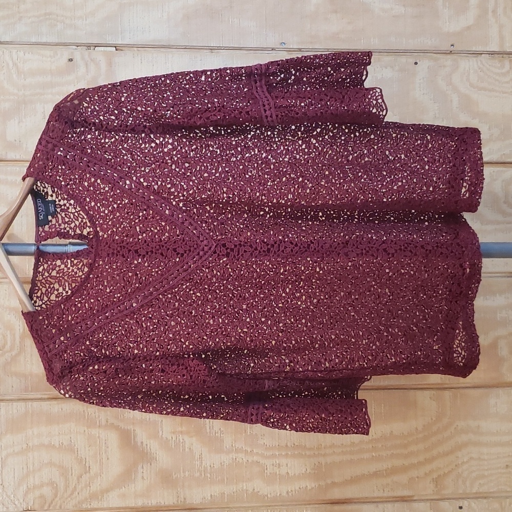 Soaked in Luxury Burgundy Red Embroidered Open Weave Lace Bell Sleeve To…